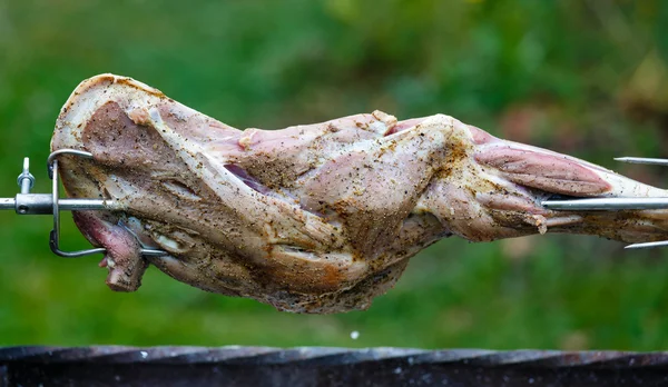 Gamba di un piccolo agnello su uno spiedo — Foto Stock