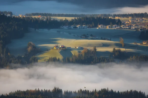 Niebla matutina en el valle de los Alpes austríacos — Foto de Stock