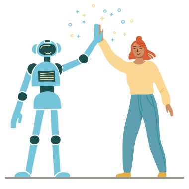Otomatik ve el işçiliği kavramı. RPA. Robotik işlem otomatikleştirmesi. Robot ve insan işbirliği. Vektör illüstrasyonu