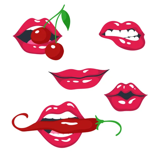 Κόκκινα χείλη έτοιμα. Σέξι γυναικεία χείλη, χαμόγελο, φιλί, δάγκωμα κεράσι, δάγκωμα χειλιών, γλείψιμο χειλιών. Εικονογράφηση διανύσματος σε λευκό φόντο — Διανυσματικό Αρχείο