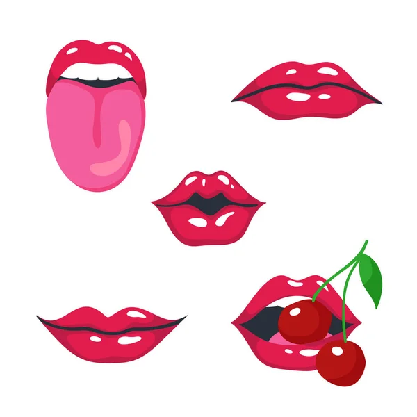 Lábios vermelhos postos. Mulheres sexy lábios, sorriso, beijo, mordida de cereja, língua para fora. Ilustração vetorial sobre fundo branco —  Vetores de Stock