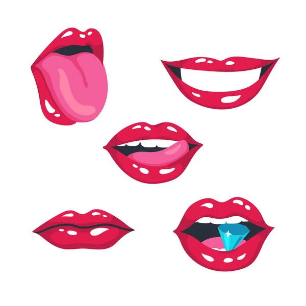 Red lips set. Sexy women lips, smile, kiss, diamond bite, mouth half open, lip licking, tongue out. Vector illustration on white background — Stock Vector