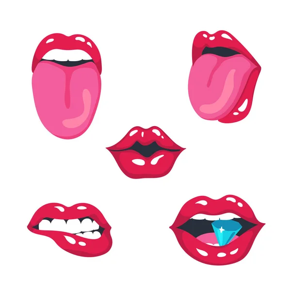 Donne sexy labbra rosse, sorriso, bacio, morso di diamante, bocca mezza aperta, morso del labbro, lingua fuori. Illustrazione vettoriale impostata su sfondo bianco — Vettoriale Stock