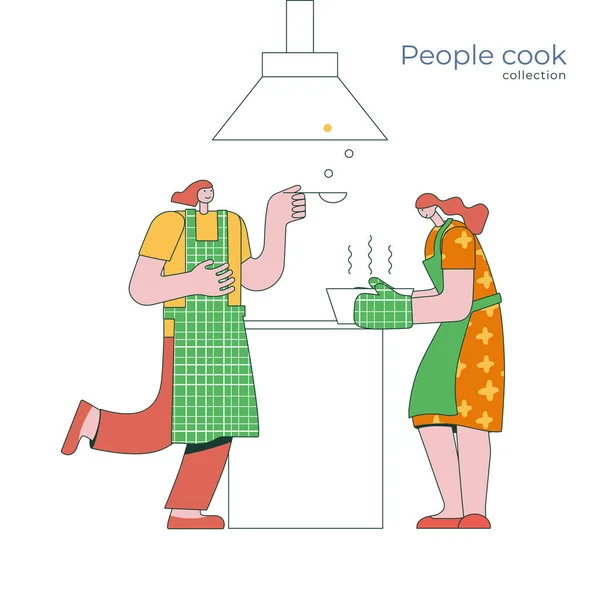 Menschen, die in der Küche kochen. Junge Frauen zu Hause, Vektorillustration. Menschen kochen Kollektion im geometrischen linearen Stil — Stockvektor