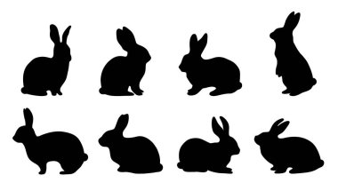 Paskalya tavşanı siluetleri yukarı bakıyor, ayakta ve oturuyor. Profildeki tavşanların ana hatları. Vektör illüstrasyonu beyaz arkaplan koleksiyonunda izole edildi