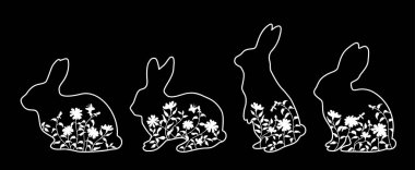 Çimenli, çiçekli, kelebekli Paskalya tavşanları. Tavşanlar siyah ve beyaz profilli. Pankart veya tebrik kartı için doğrusal illüstrasyon