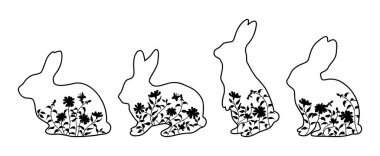 Paskalya tavşanları, otlu, çiçekli, kelebekli siluetler. Beyaz arka planda siyah profilli tavşanlar. Pankart veya tebrik kartı için doğrusal illüstrasyon