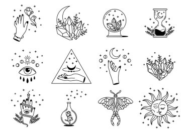 Cadı Sihri Koleksiyonu. Ay, güneş, el, kum saati, kristaller, kristal küre, sihirli iksir, kum çiçekleri. Doğrusal biçimdeki gizemli nesneler