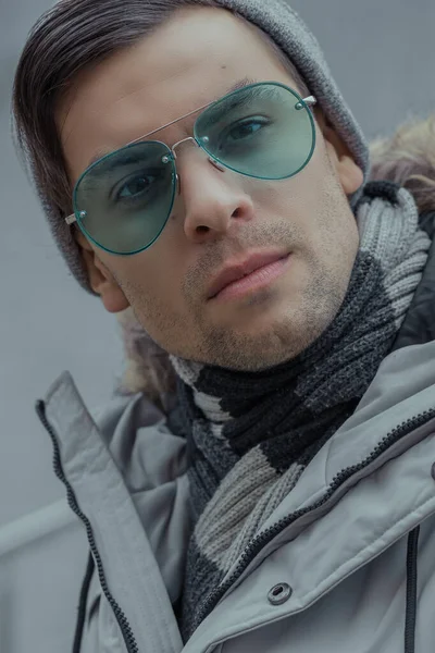 Close Portrait Man Turquoise Sunglasses Winter Warm Jacket — Stock Photo, Image