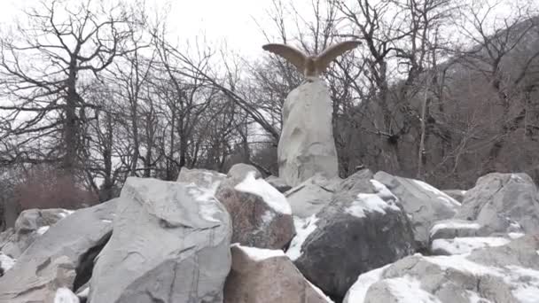 Território de Stavropol, a cidade de Zheleznovodsk, Rússia, 01.18.2020 No parque de recurso da cidade há uma escultura de uma águia com asas estendidas para os lados — Vídeo de Stock