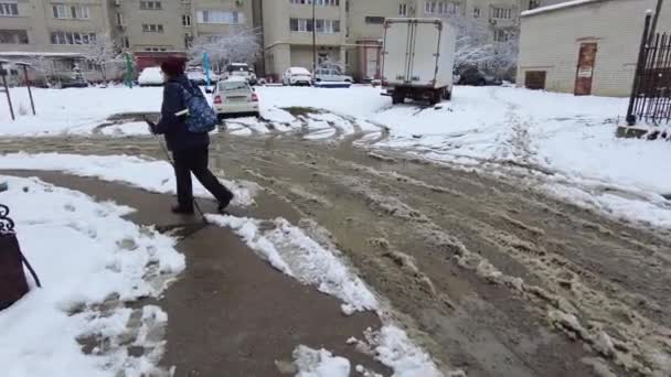 St. Petersburg, Russia 01.10.2021 An elderly woman walks home from the store along the road in winter, she holds Nordic walking sticks as a support. — Vídeo de Stock