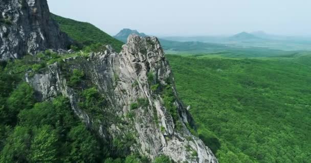 Een drone die vliegt vanuit een vogelperspectief van een berg met kale rotsen, omgeven door groene bomen vegetatie — Stockvideo