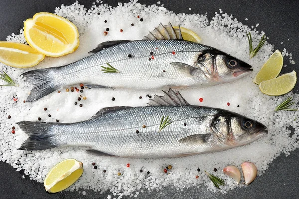 Zwei Seebarschfische auf Salz mit Zitrone und Limette. roher Fisch. Ansicht von oben — Stockfoto