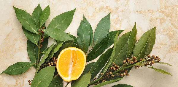 Bay leafs med frön och gul orange — Stockfoto