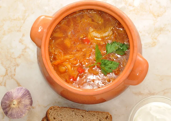 Cabbage soup is a traditional dish of Russian national cuisine
