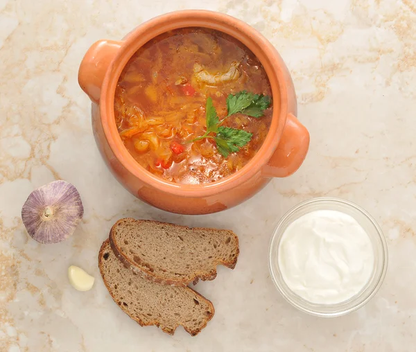 Sopa de repolho é um prato tradicional da cozinha nacional russa — Fotografia de Stock