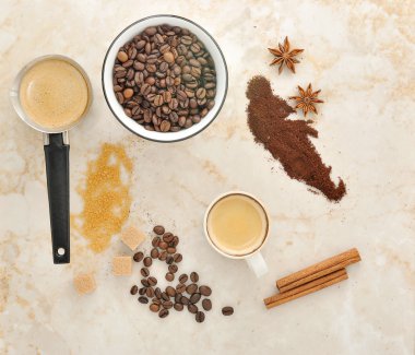 kahve, şeker kamışı, baharat anason ve tarçın