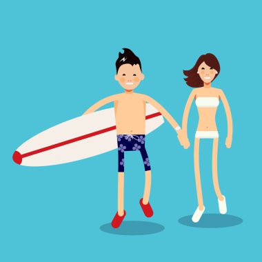 Vektör karakter bir surfboard ile sörf için denize gidiyor. 