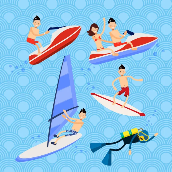 Conjunto de personajes vectoriales - vacaciones en la playa en el agua — Vector de stock