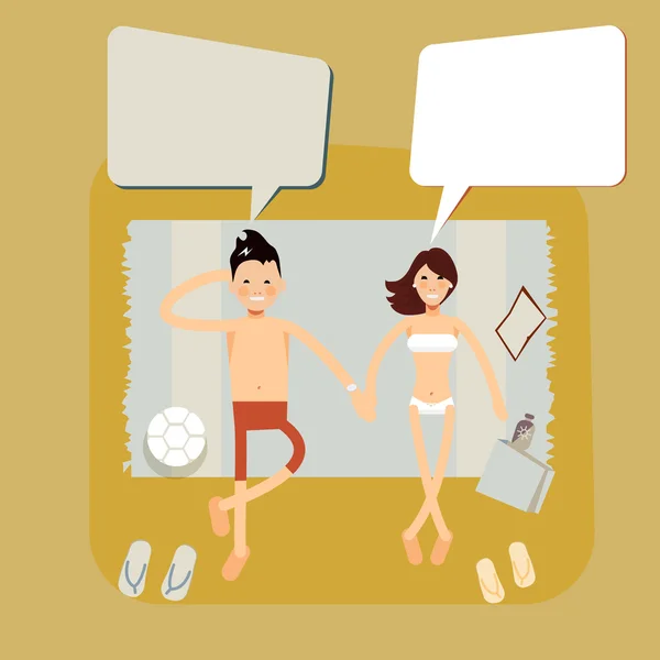 Couple sur la plage tropicale - personnages vectoriels pensant à — Image vectorielle