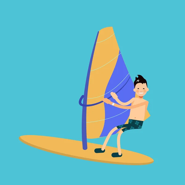 Vector de carácter masculino en estilo plano - niño windsurf — Vector de stock