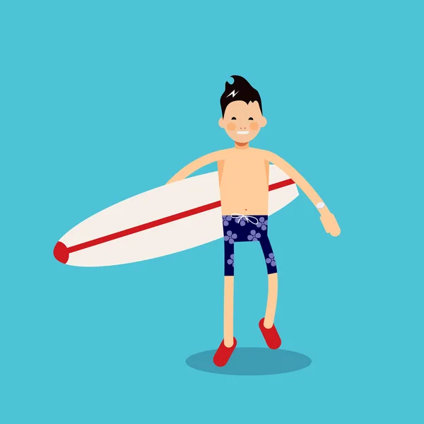 El personaje vectorial con una tabla de surf va al mar a surfear — Vector de stock