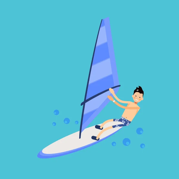 El carácter vectorial masculino en el estilo plano - la ilustración del windsurf — Vector de stock