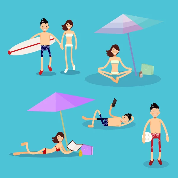 Ensemble d'images avec les personnages sur le thème de la plage — Image vectorielle