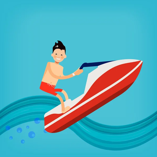 Vector male character in flat style - young man on a water bike — Stock Vector