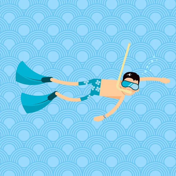Niño nadando en el mar con máscara y aletas — Vector de stock