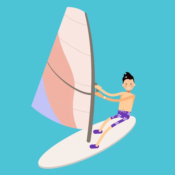 Vector de carácter masculino en estilo plano - niño windsurf — Vector de stock