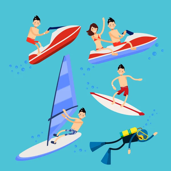 Conjunto de personajes vectoriales - vacaciones en la playa en el agua — Vector de stock