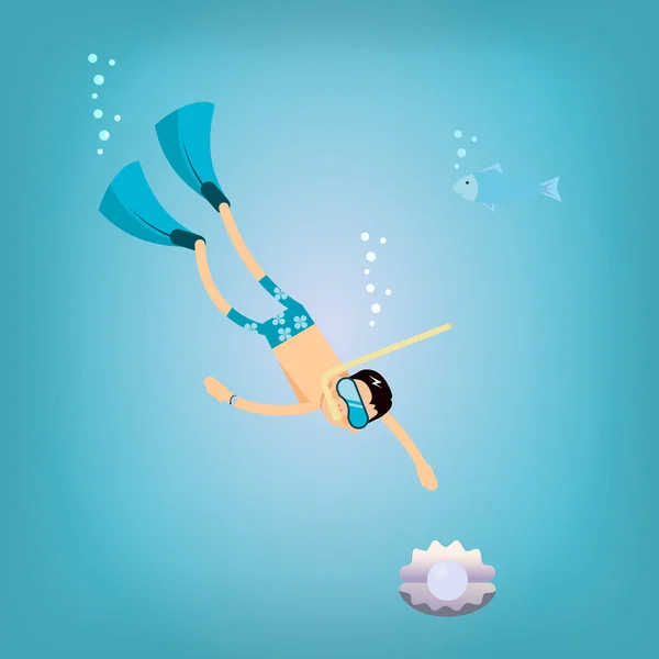 Vetor legal personagem masculino mergulha com a máscara e nadadeiras para —  Vetores de Stock