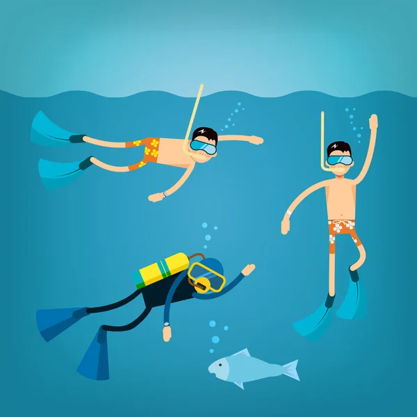 Set of vector characters floating in the water with mask and fli Stock Illustration