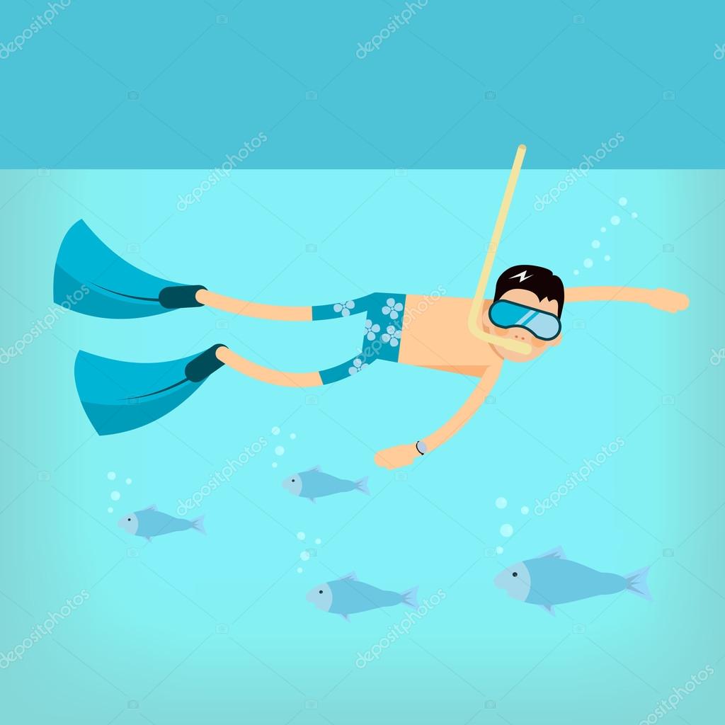 Vector male character in flat style - boy swimming in the sea with mask and flippers - illustration in simple trendy style