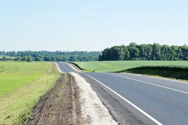 Strada asfaltata attraverso il campo verde e cielo blu in giorno d'estate — Foto Stock