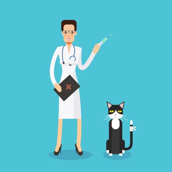 Αυστηρή γυναίκα γιατρό με σύριγγα πρόκειται να είναι εμβολιασμένα γάτα — Διανυσματικό Αρχείο