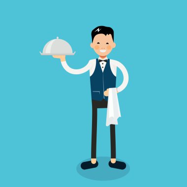 Young cheerful waiter stands with dish and napkin on hand