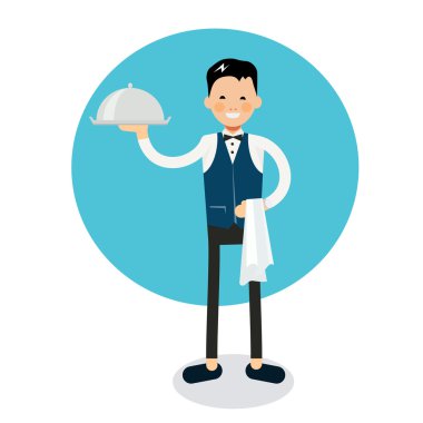 Young cheerful waiter stands with dish and napkin on hand