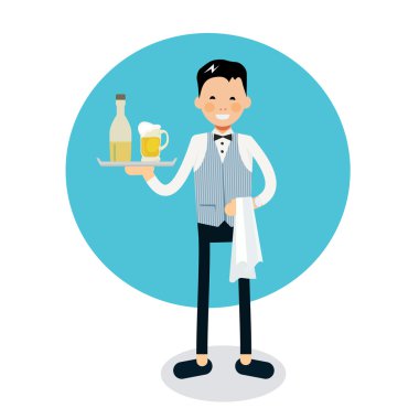 Young cheerful waiter stands with with a bottle and glass of bee