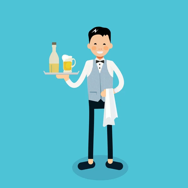 Young cheerful waiter stands with with a bottle and glass of bee — ストックベクタ