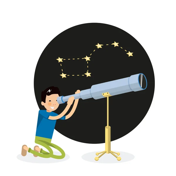 Cool chico vector carácter mira a través de un telescopio y sentado — Vector de stock