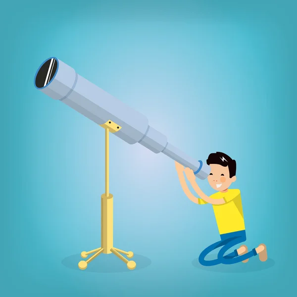Cool chico vector carácter mira a través de un telescopio y sentado — Vector de stock