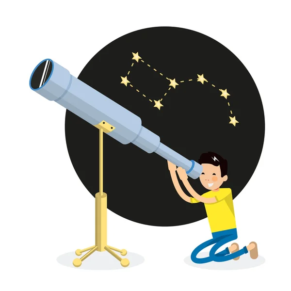 Крутой парень-вектор смотрит в телескоп и сидит — стоковый вектор