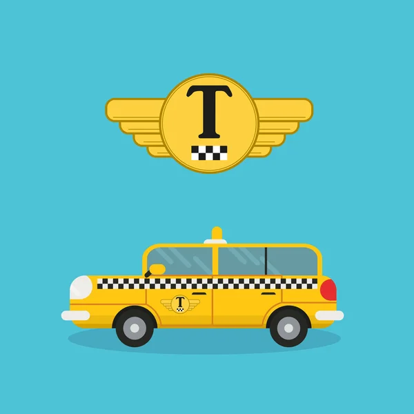 Mobil taksi kuning dengan gaya datar dan logo perusahaan taksi tamplat - Stok Vektor