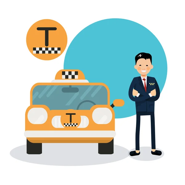 Mobil taksi kuning dan sopir taksi - Stok Vektor