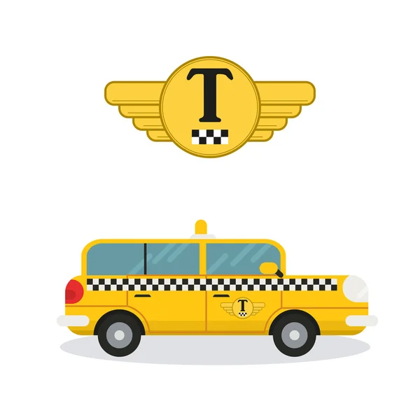 Yellow taxi car in flat style and logo of a taxi company tamplat — Stok Vektör
