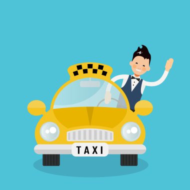 yellow taxi car - vector icon. funny vector character - taxi dri