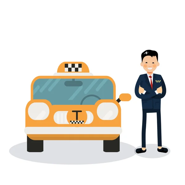 Mobil taksi kuning dan sopir taksi - Stok Vektor