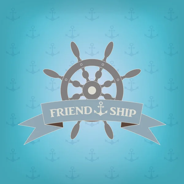 Gemi tekerleği ve yazıt dostluk ile bir afiş kurdele — Stok Vektör